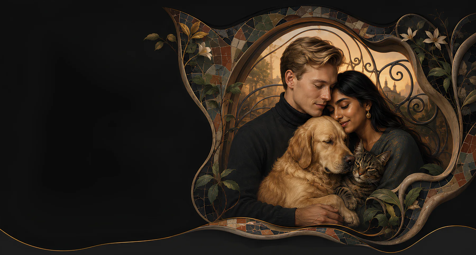 A couple with their dog and cat, painted in the Old Master style